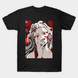 Scroll-Mouthed Demon Girl with Floral Kimono, Flame-Colored Eyes, and Clawed Hands – Fierce Pink-Eyed Sibling Fighter with Black Hair and Demon Aura Design T-Shirt